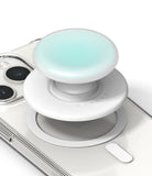 Ringke Tok Magnetic - A white, expandable phone grip with a glowing mint top attached to a clear phone case.