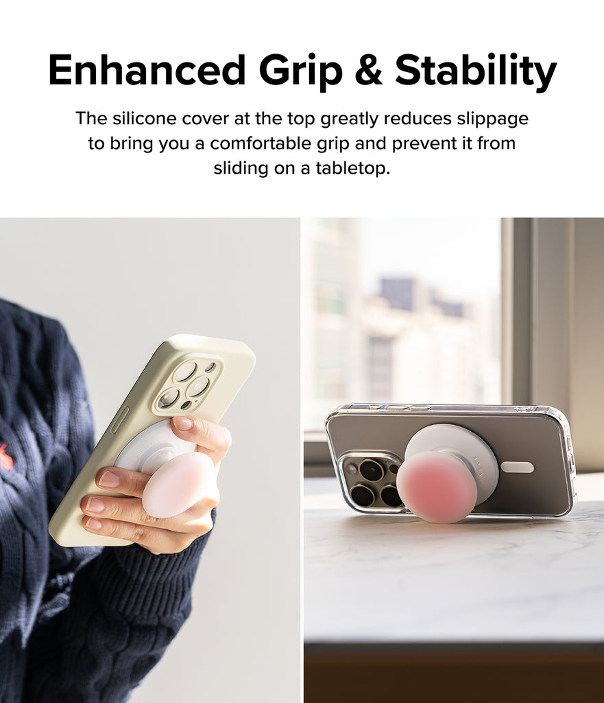 Ringke Tok Magnetic - Enhanced Grip & Stability. The silicone cover at the top greatly reduces slippage to bring you a comfortable grip and prevent it from sliding on the tabletop.