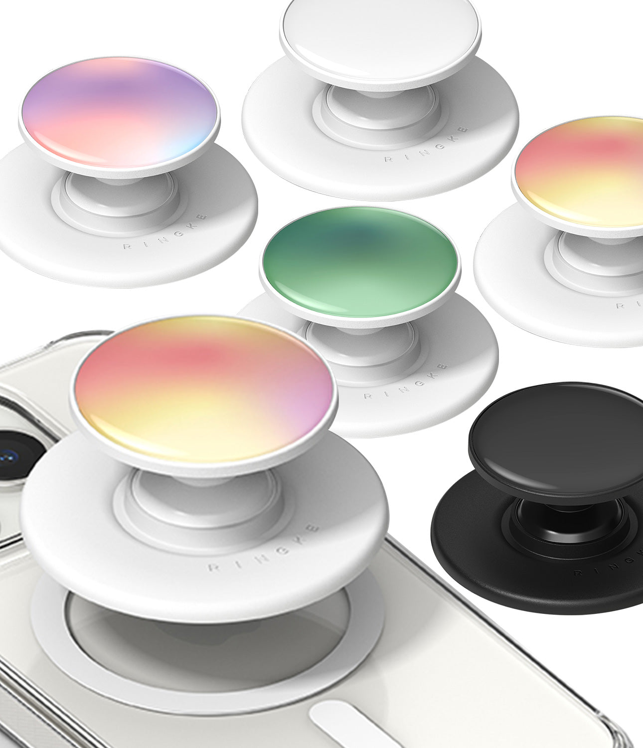 Ringke Glossy Tok Magnetic - Multiple colorful, circular magnetic phone grips floating against a soft gradient background.