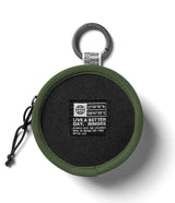 Mini Pouch | Tambourine Bag - Round olive green pouch with a black center patch featuring coordinates and Ringke branding.