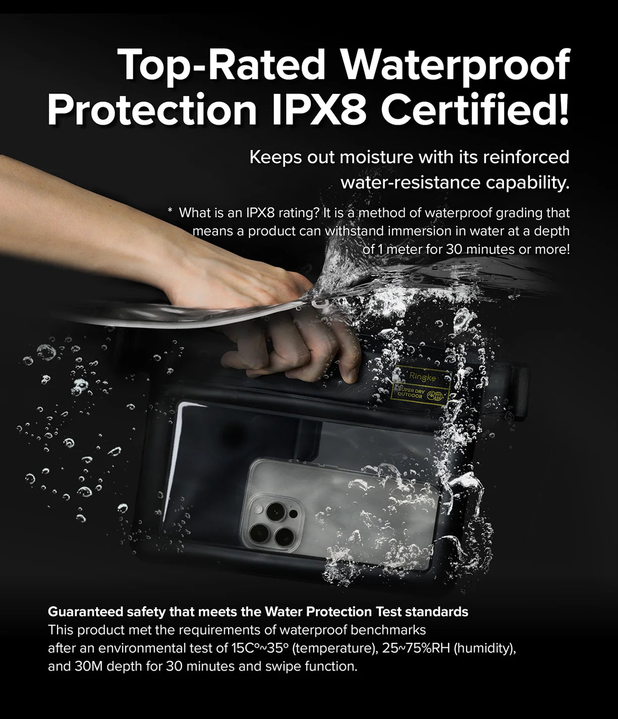 Palm Leaves / Black Floating Strap & Waterproof Sling Bag | Phone case with water resistance feature, showing a hand holding a phone underwater.