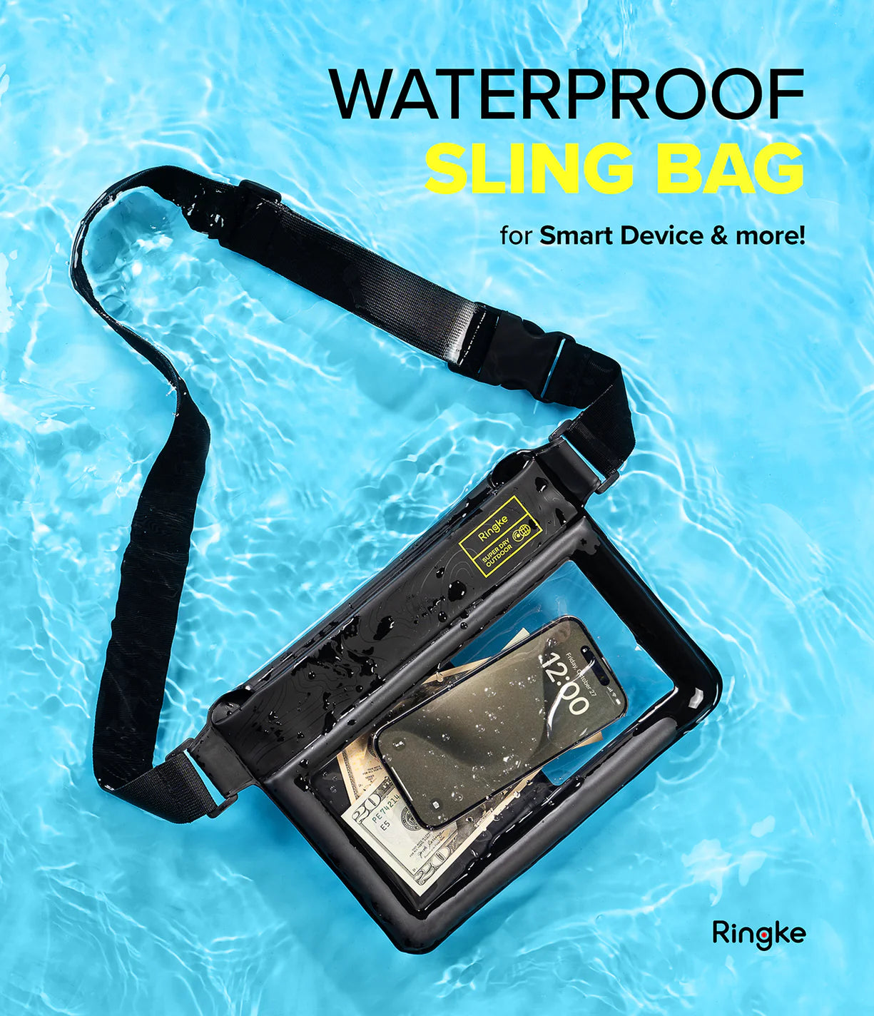 Banana / Black Floating Strap & Waterproof Sling Bag | Waterproof sling bag with phone case on a water background, featuring the brand 'Ringke'.