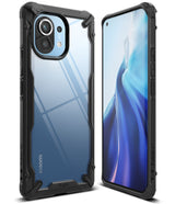Mi 11 Case | Fusion-X - Black rugged protective case with clear back panel shown from front and back angles on a smartphone.