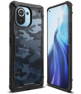 Mi 11 Case | Fusion-X - Rugged black camouflage phone case shown from front and back angles on a white background.