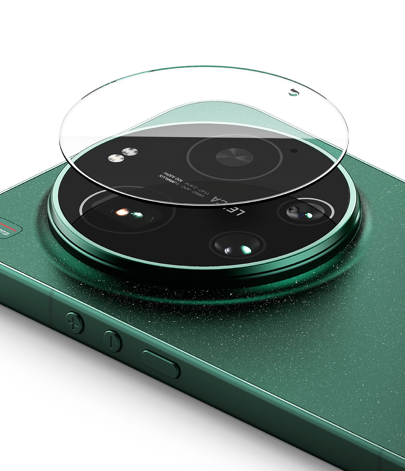 Xiaomi 17 Ultra | Camera Glass (2P) - Circular glass screen protector hovering above a green smartphone camera module.