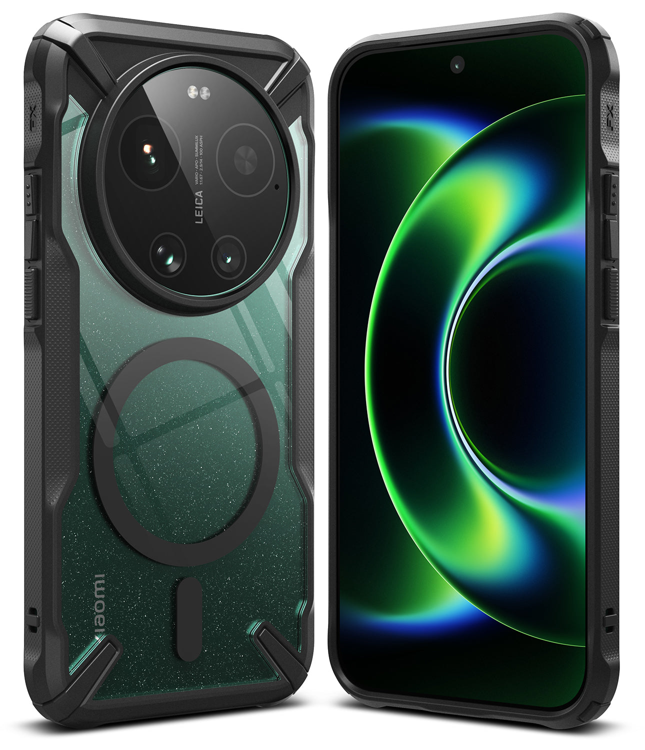 Xiaomi 17 Ultra Case | Fusion-X Magnetic - Rugged black case with magnetic ring on a green glitter back for Xiaomi 17 Ultra.