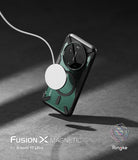 Xiaomi 17 Ultra Case | Fusion-X Magnetic - A green Xiaomi 17 Ultra in a black magnetic case charging with a white disc.