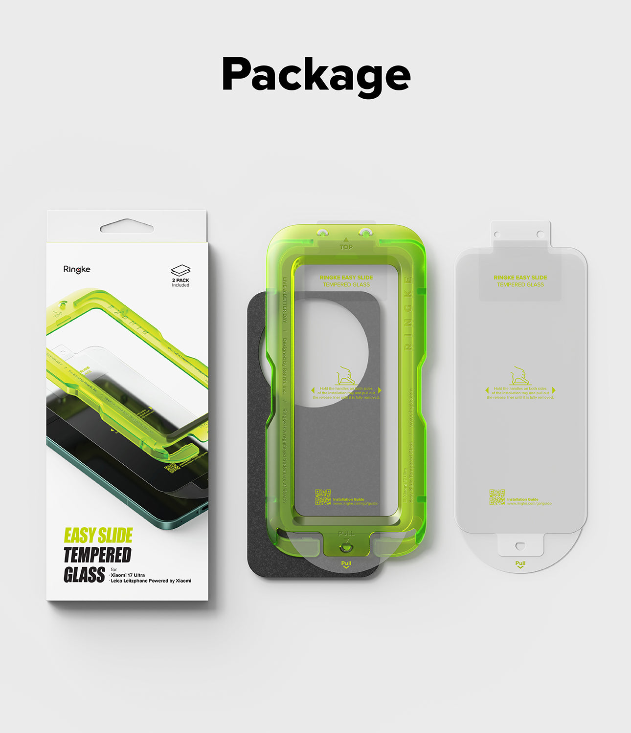 Xiaomi 17 Ultra Screen Protector | Easy Slide Tempered Glass - Packaging of a tempered glass screen protector with a smartphone and additional accessories on a white background.