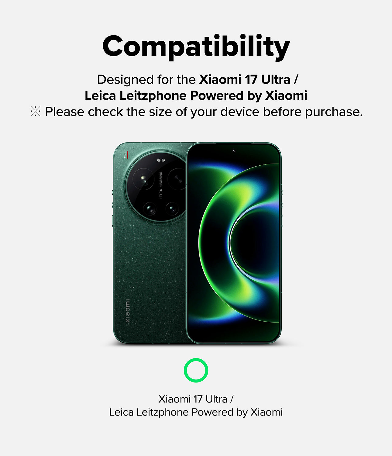 Xiaomi 17 Ultra Screen Protector | Easy Slide Tempered Glass - Green smartphone with compatibility text for Xiaomi 17 Ultra on a white background