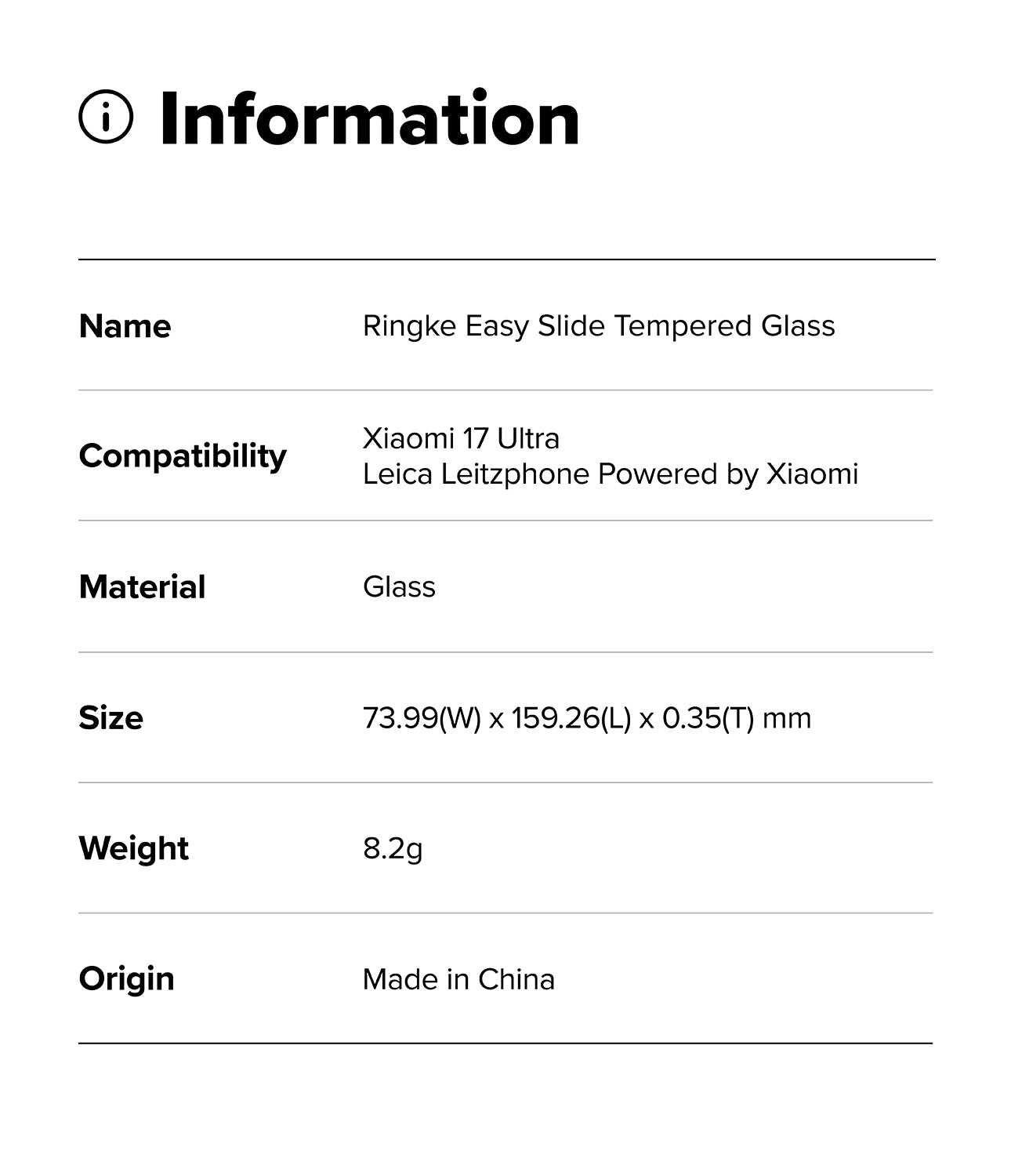 Xiaomi 17 Ultra Screen Protector | Easy Slide Tempered Glass - Product information card for Ringke Easy Slide Tempered Glass with specifications.