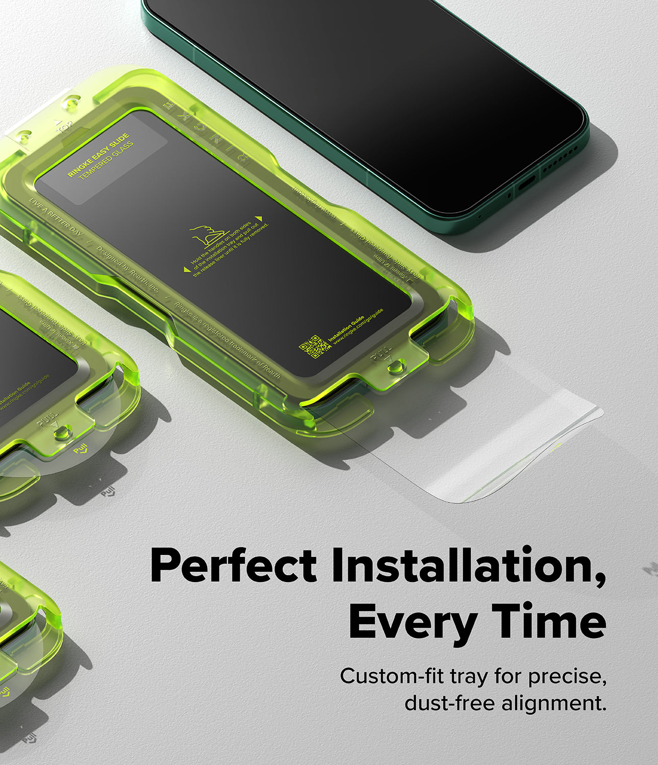 Xiaomi 17 Ultra Screen Protector | Easy Slide Tempered Glass - Green phone case with a smartphone on a light gray background, featuring text about perfect installation.