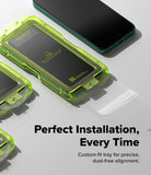 Xiaomi 17 Ultra Screen Protector | Easy Slide Tempered Glass - Green phone case with a smartphone on a light gray background, featuring text about perfect installation.
