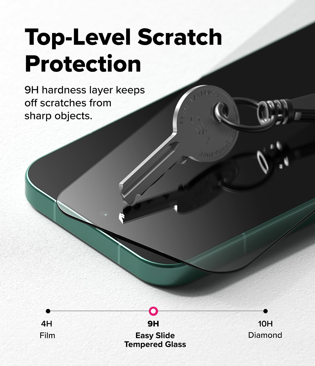 Xiaomi 17 Ultra Screen Protector | Easy Slide Tempered Glass - Smartphone with tempered glass screen protector and key on a white background, highlighting scratch protection.