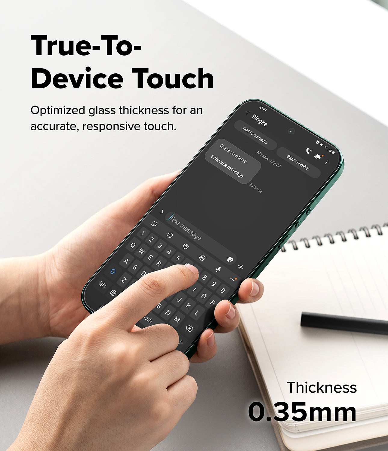 Xiaomi 17 Ultra Screen Protector | Easy Slide Tempered Glass - Person holding a smartphone with a keyboard displayed, on a light surface with text about device touch and glass thickness.