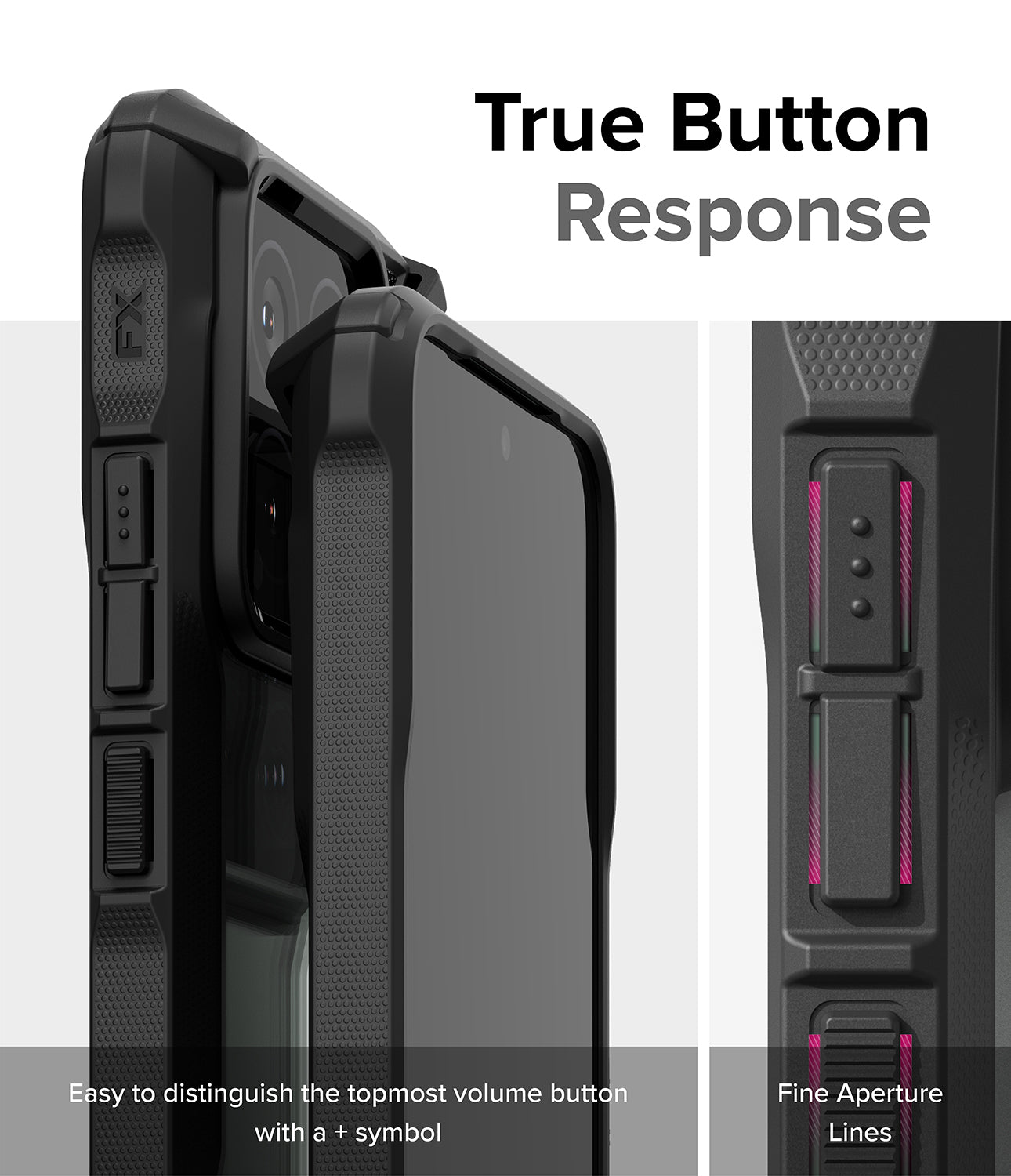 Xiaomi 14 Case | Fusion-X - Black - True Button Response. Easy to distinguish the topmost volume button with a + symbol. Fine Aperture Lines.