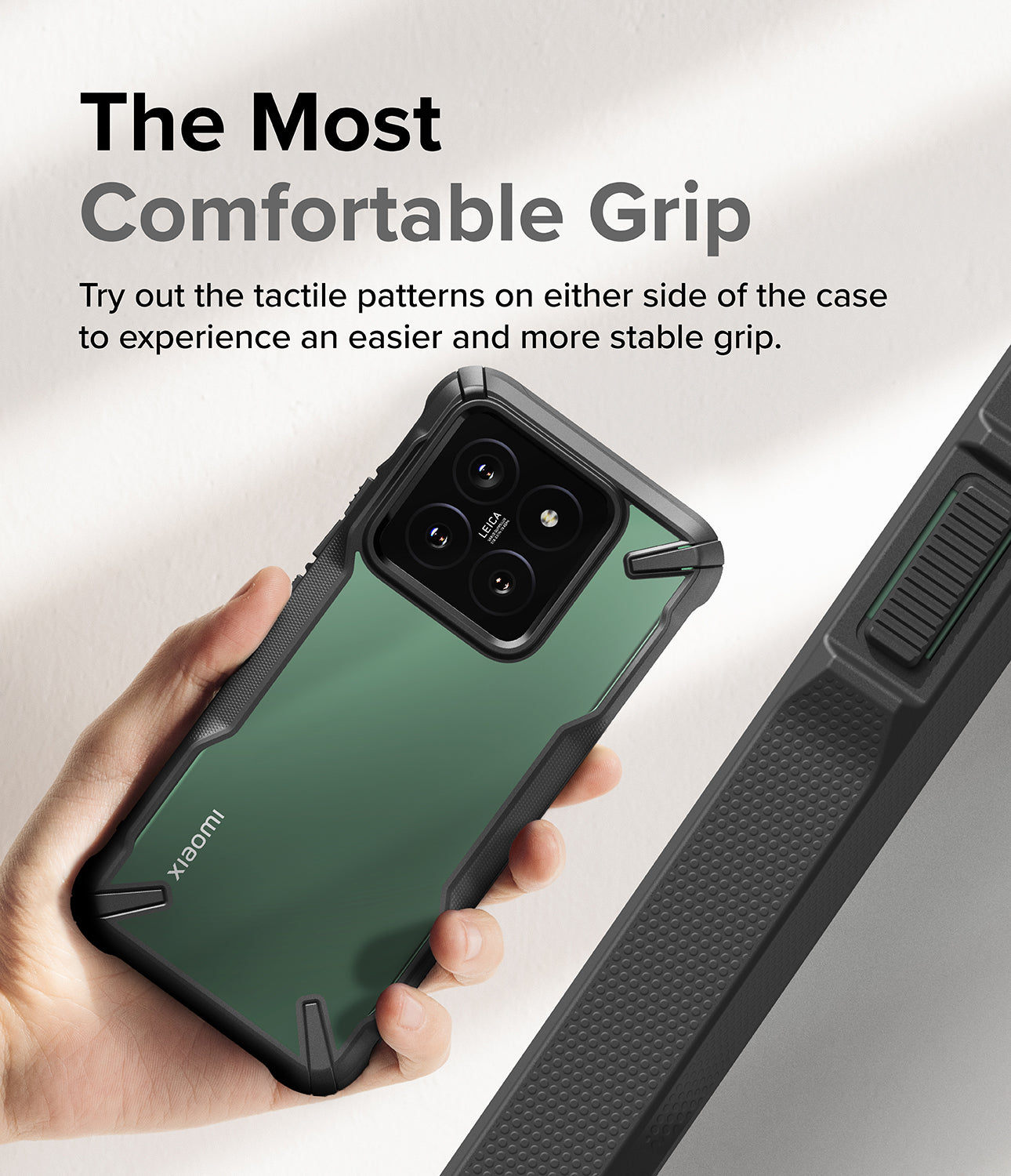 Xiaomi 14 Case | Fusion-X - Black - The Most Comfortable Grip. Try out the tactile patterns on either side of the case to experience an easier and more stable grip.