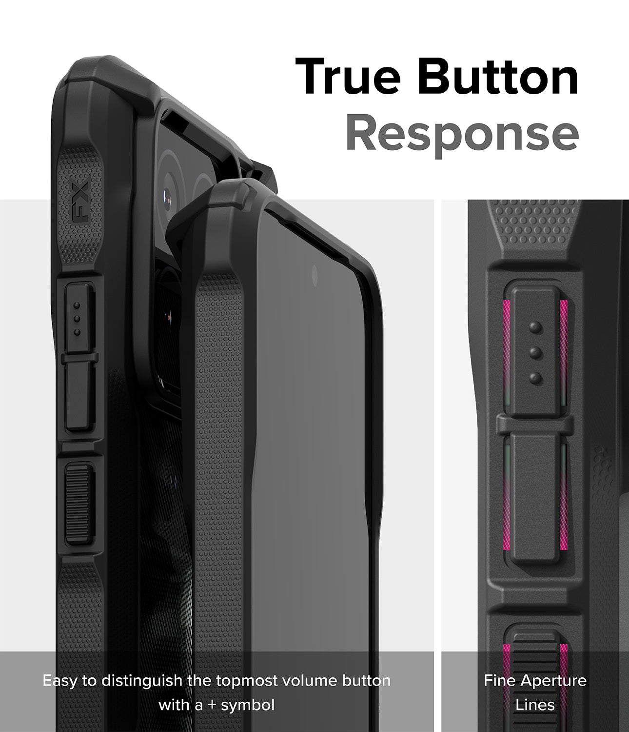 Xiaomi 14 Case | Fusion-X - Camo Black - True Button Response. Easy to distinguish the topmost volume button with a + symbol. Fine Aperture Lines.