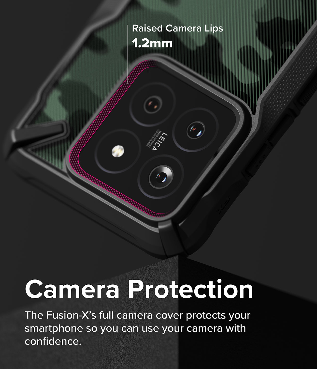 Xiaomi 14 Case | Fusion-X - Camo Black - Camera Protection. The Fusion-X's full camera cover protects your smartphone so you can use your camera with confidence.