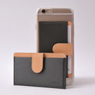 Ringke® Leather ID / Card Holder, 3M Adhesive Stick On Mini Wallet Attachment for All Phone Devices - Ringke® Leather ID / Card Holder - Black and tan leather card holder attached to a smartphone and a standalone unit.