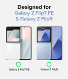 Two smartphones, one labeled 'Galaxy Z Flip7 FE' and the other 'Galaxy Z Flip6', on a white background with text indicating compatibility.