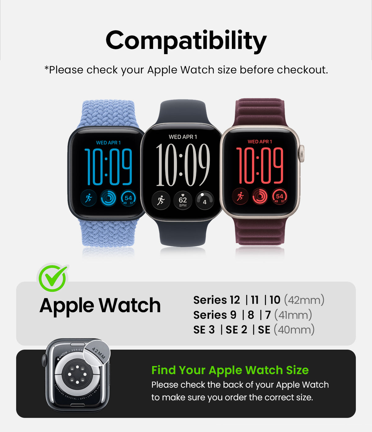 Apple Watch 42·41·40·38 mm | Sports Air Loop - Compatibility graphic for an Apple Watch screen protector, showing three Apple Watch models with blue, black, and burgundy straps on a light gray background, with text listing compatible Apple Watch sizes and instructions to check the back of the watch for size.