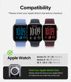Apple Watch 42·41·40·38 mm | Sports Air Loop - Compatibility graphic for an Apple Watch screen protector, showing three Apple Watch models with blue, black, and burgundy straps on a light gray background, with text listing compatible Apple Watch sizes and instructions to check the back of the watch for size.