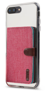 Card Holder | Flip - Deep pink fabric wallet case attached to a clear phone cover with a brown leather clasp and logo tab.