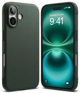 iPhone 16 Plus Case | Onyx - Dark green textured phone case shown from back and front with a matching green digital wallpaper.