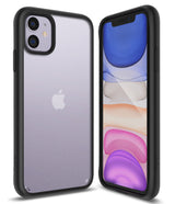 iPhone 11 Case | Fusion Matte - Matte black protective case on a lavender iPhone 11, showing front and back views.