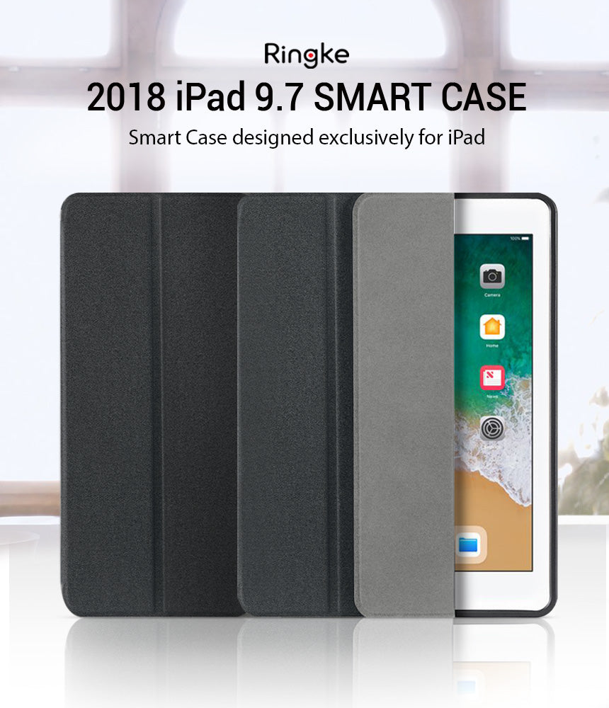 Smart Cover Apple Pencil Stand | iPad - Ringke iPad Pro 10.5 Smart Case shown in three dark gray/black textured folio views, with part of a tablet visible on the right.