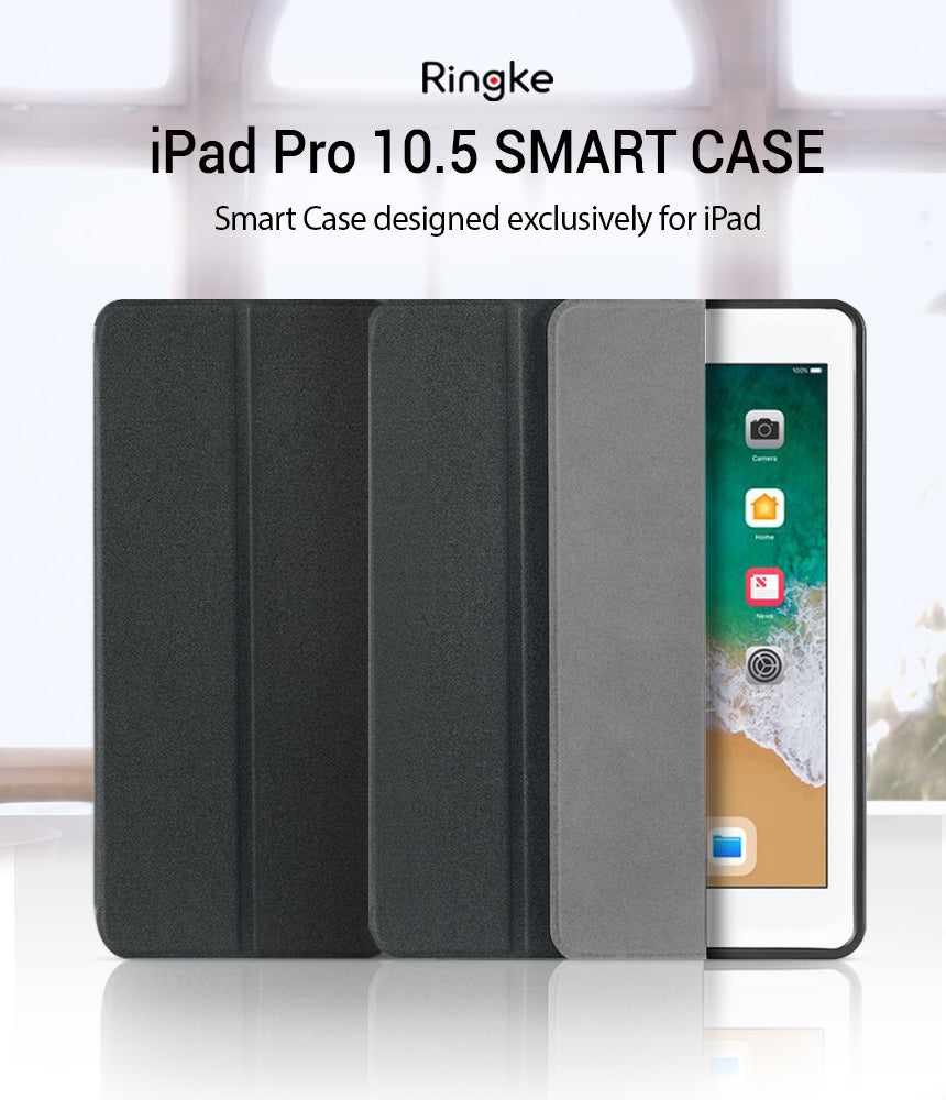 Smart Cover Apple Pencil Stand | iPad - Ringke iPad Pro 10.5 Smart Case shown in three dark gray/black textured folio views, with part of a tablet visible on the right.