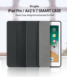 Smart Cover Apple Pencil Stand | iPad - Ringke iPad Pro / Air2 9.7 SMART CASE shown in three dark gray/black folio views with one case open to display a tablet screen, on a light studio background with product text at the top.