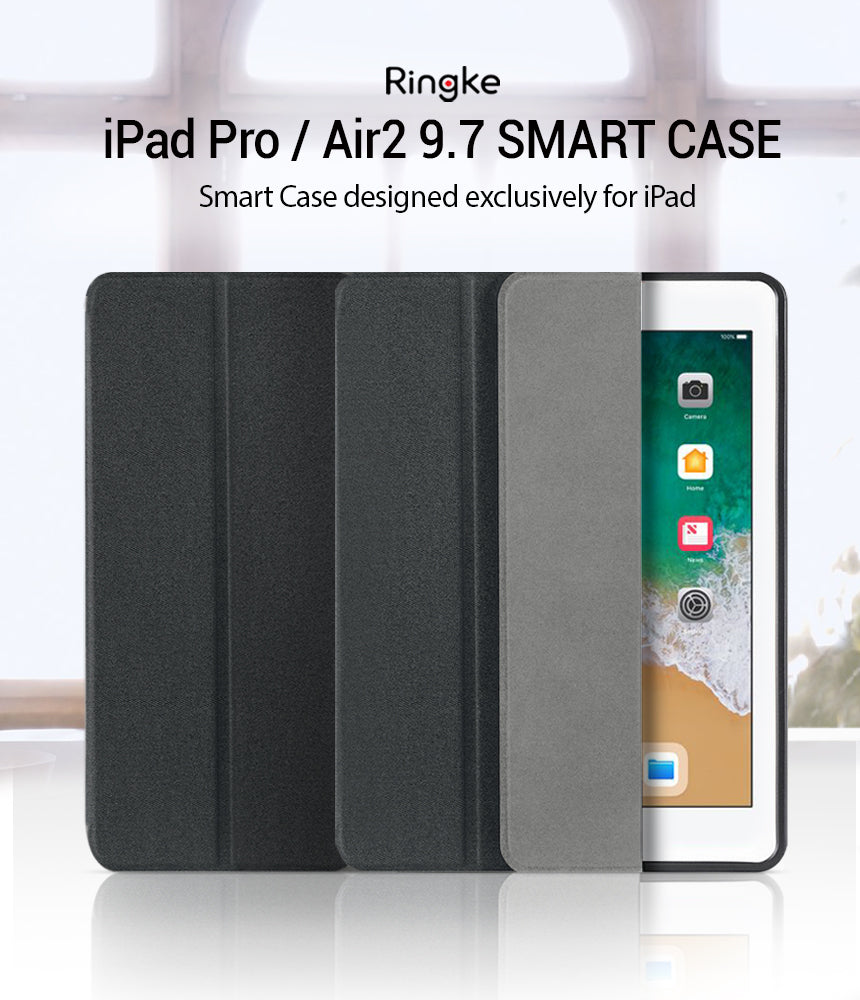 Smart Cover Apple Pencil Stand | iPad - Ringke iPad Pro / Air2 9.7 SMART CASE shown in three dark gray/black folio views with one case open to display a tablet screen, on a light studio background with product text at the top.