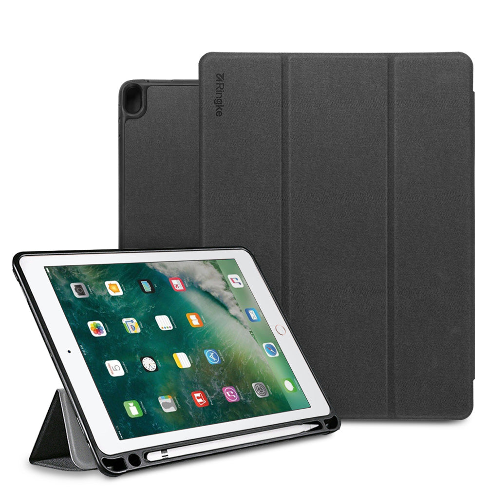 Smart Cover Apple Pencil Stand | iPad - A black textured folio case for iPad, shown both closed and open in landscape orientation as a kickstand. The brand name 'Zeriste' is printed vertically on the back cover.
