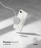 iPhone 17e Case | Fusion Magnetic - Clear phone case with a magnetic charger attached, floating against a grey background.