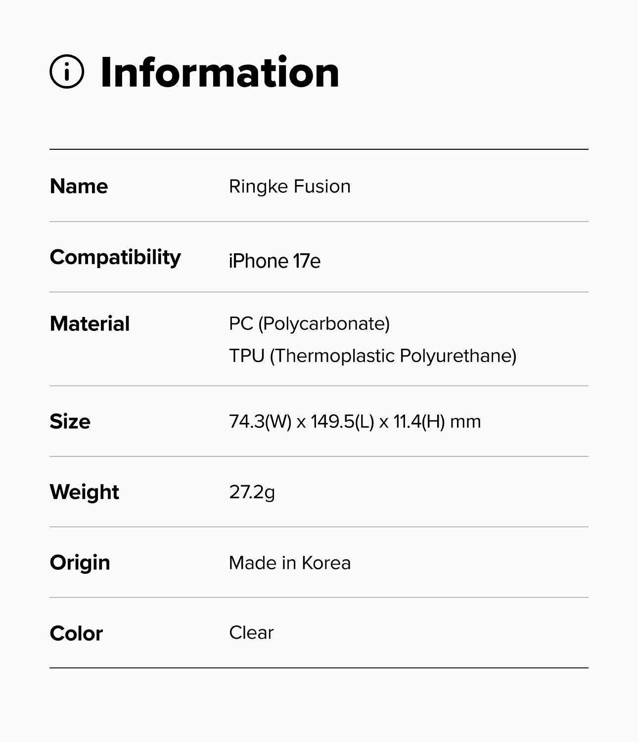 Fusion Clear Case for iPhone 17e - Detailed Information chart showing Name, Compatibility, Material, Size, Weight, Origin, and Color