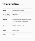 iPhone 17e Case | Fusion Magnetic - Information table listing product name, compatibility, material, size, origin, and color.