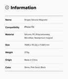 iPhone 17e Case | Silicone Magnetic - Information table listing product name, compatibility, materials, size, weight, and colors.