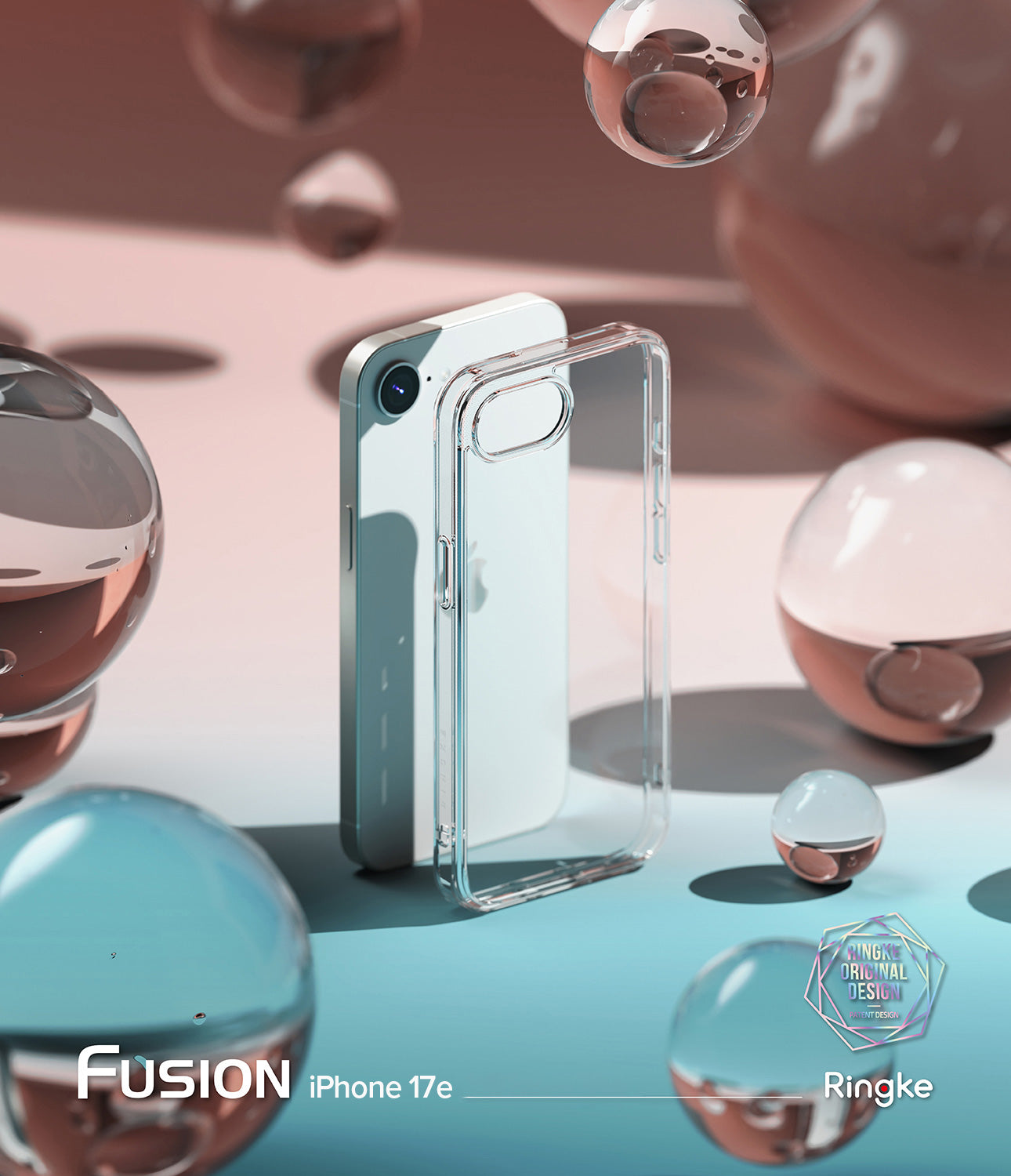 Fusion Clear Case for iPhone 17e - iPhone 17e and clear case on a reflective surface with abstract shapes.