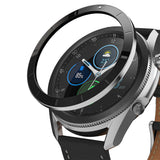 Galaxy Watch 3 (45mm) | Bezel Styling - A glossy black adhesive bezel ring hovering above a Galaxy Watch 3 face.