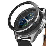Galaxy Watch 3 (45mm) | Bezel Styling - A black metal adhesive bezel ring hovering above a silver Galaxy Watch 3.