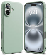 iPhone 16 Plus Case | Onyx - Mint green textured phone case shown from back and front with a digital clock display.