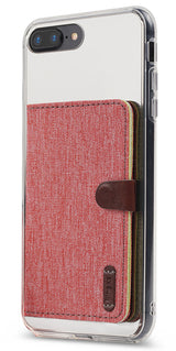 Card Holder | Flip - Red fabric card holder attached to a clear smartphone case with a brown leather magnetic clasp.