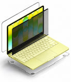 MacBook Neo Case + Protector - A pale yellow laptop shown with transparent screen protectors and a clear protective cover floating around it on a white background.
