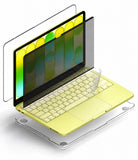 MacBook Neo Case + Protector - A pale yellow laptop shown with transparent screen protectors and a clear protective cover floating around it on a white background.
