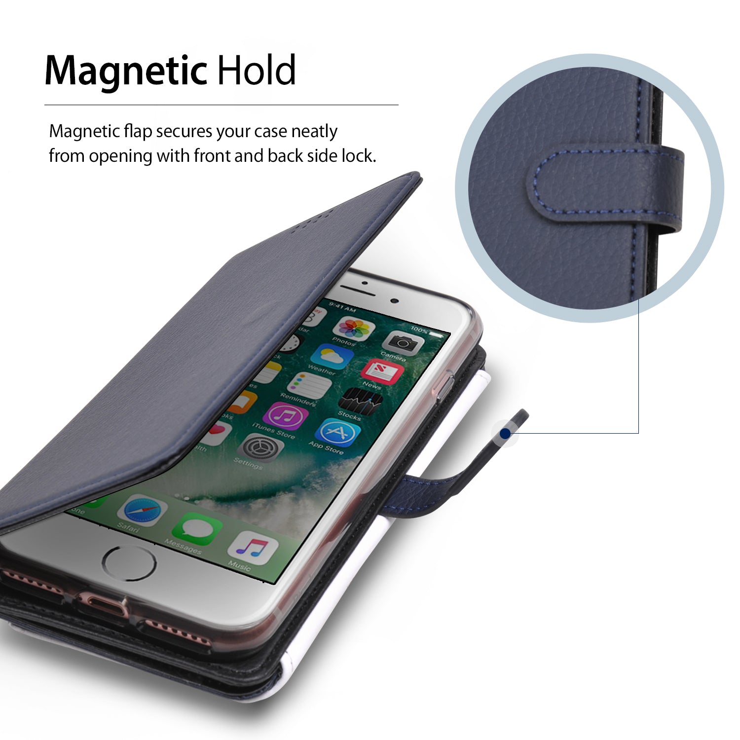 iPhone 7 Case | Wallet - Magnetic Hold. Magnetic flap secures your case neatly from opening with front and back side lock.