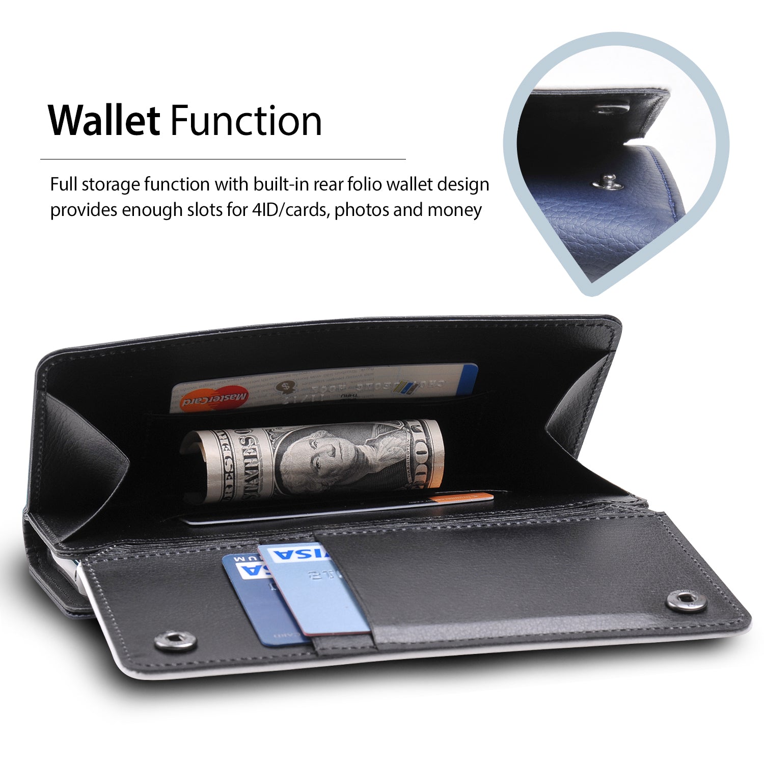 iPhone 7 Case | Wallet - Wallet Function. Full storage function with buil-in rear folio wallet design provides enough slots for 4 IDs/Cards. photos and money