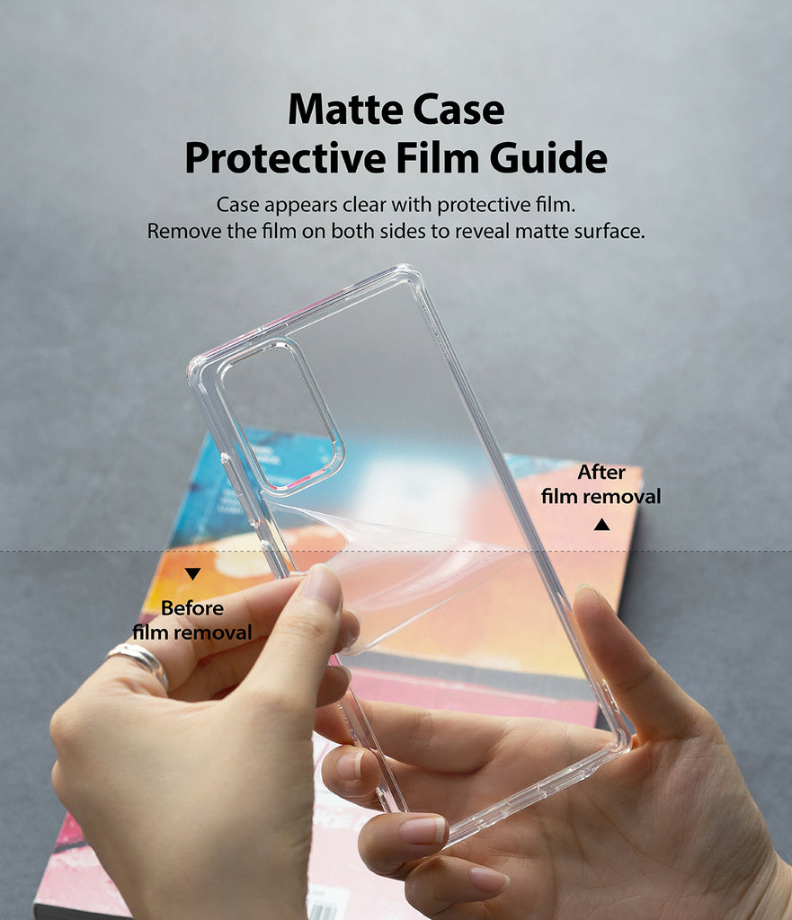 case appears clear with protective film. remove the film on both sides to reveal matte surface