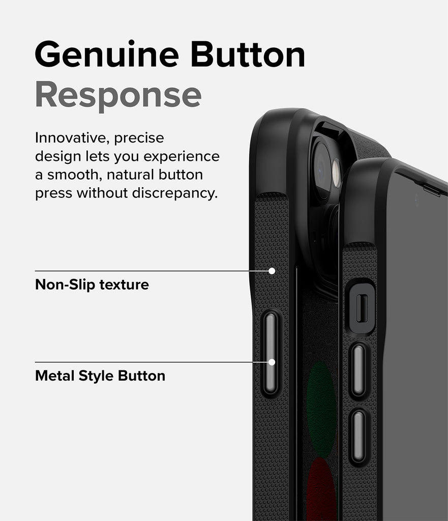 iPhone 14 Case | Onyx Design - Genuine Button Response. Innovative, precise design lets you experience a smooth, natural button press without discrepancy. Non-slip texture. Metal Style Button