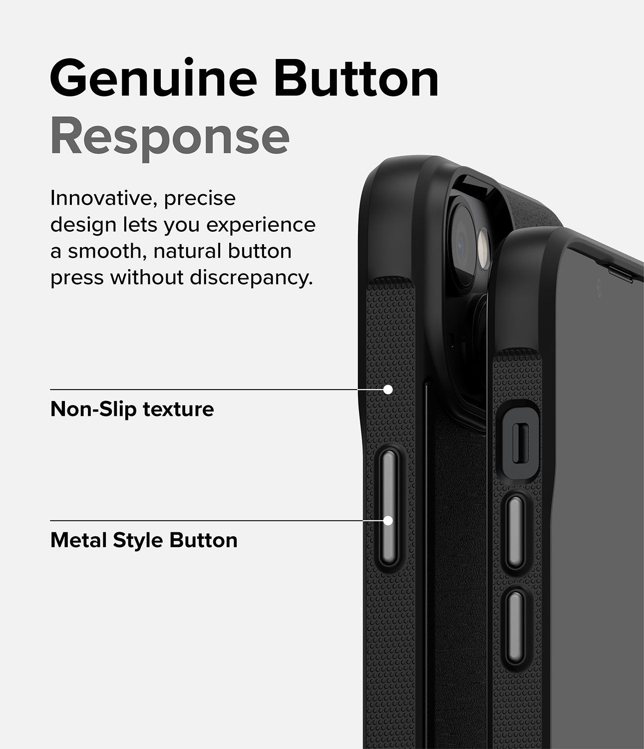 iPhone 14 Case | Onyx - Black - Genuine Button Response. Innovative, precise design lets you experience a smooth, natural button press without discrepancy. Non-Slip texture. Metal Style Button